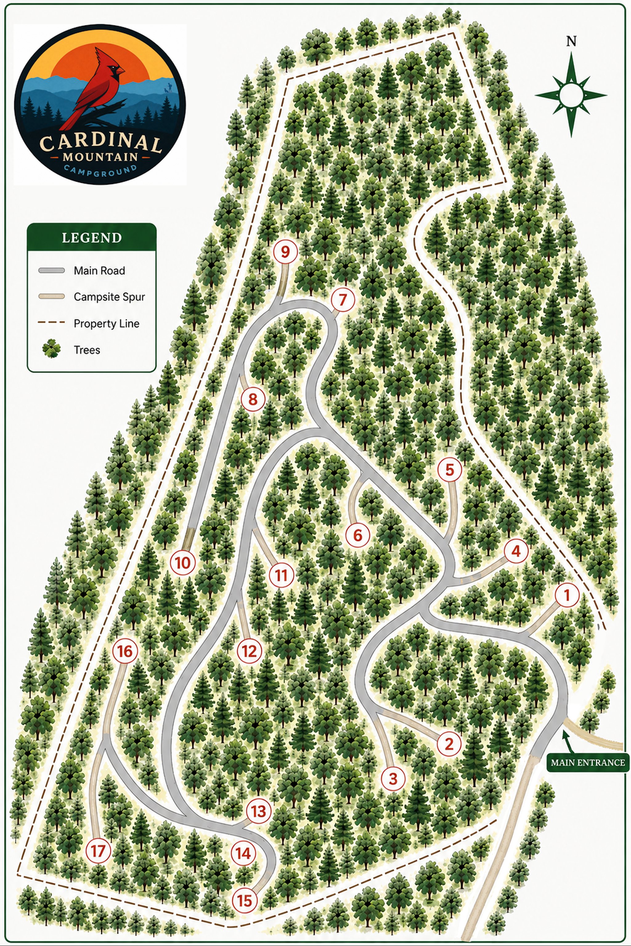 Illustrated map of Cardinal Mountain Campground showing the main entrance, the roads through the property, and all 17 campsites among the trees.