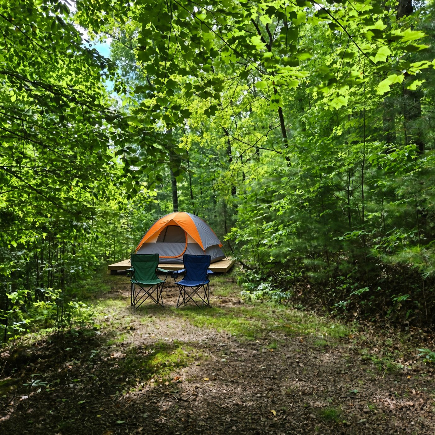 A tent and two camp chairs on the tent deck at Shenandoah 2, Cardinal Mountain Campground near Franklin NC, enclosed by summer woods