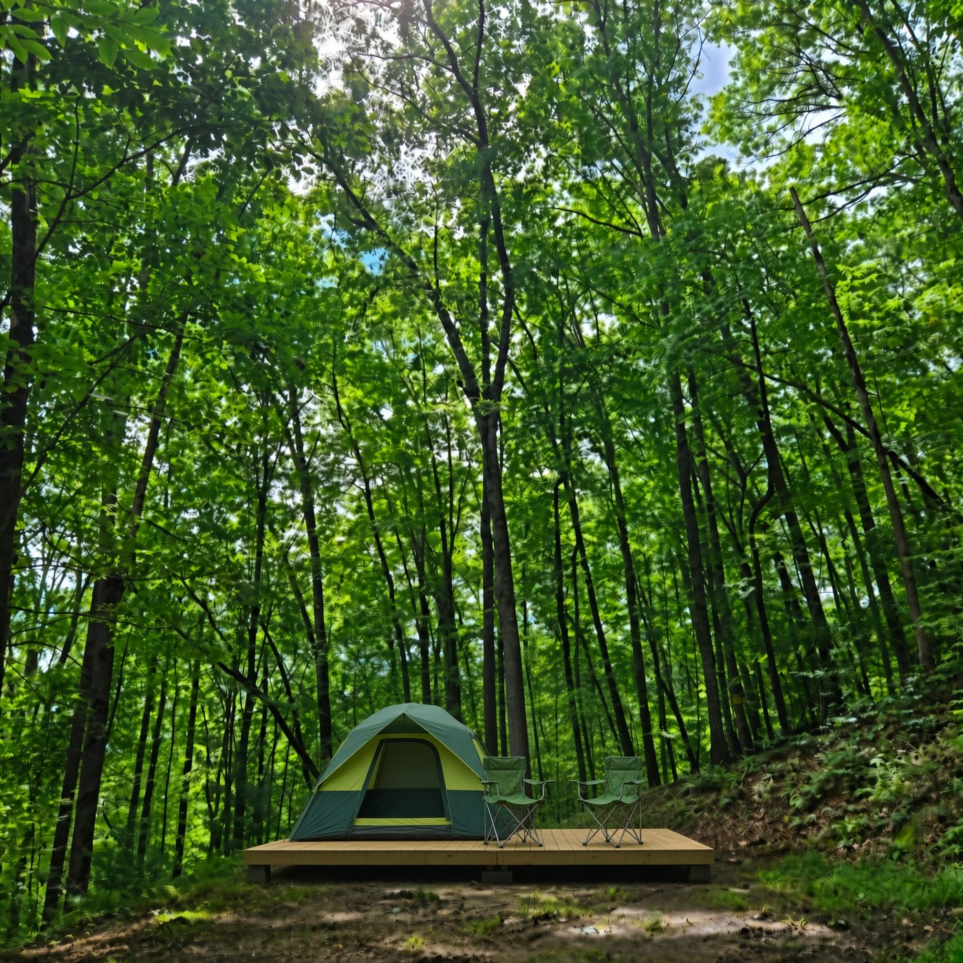 A tent pitched on the deck at Everglades 3, Cardinal Mountain Campground near Franklin NC, under tall straight trees with a wooded bank rising to one side