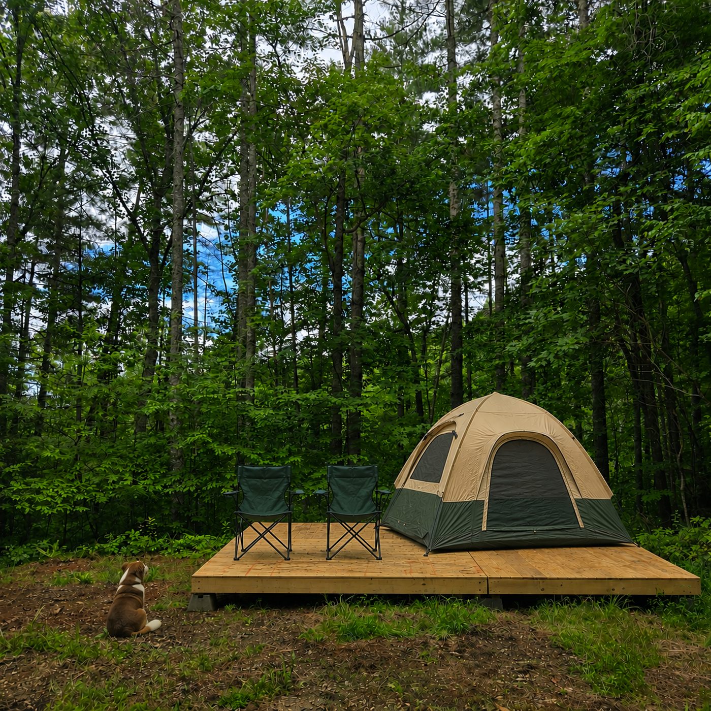 A tent and two camp chairs on the wooden deck at Glacier 6, Cardinal Mountain Campground near Franklin NC, with a dog lying on the ground beside it
