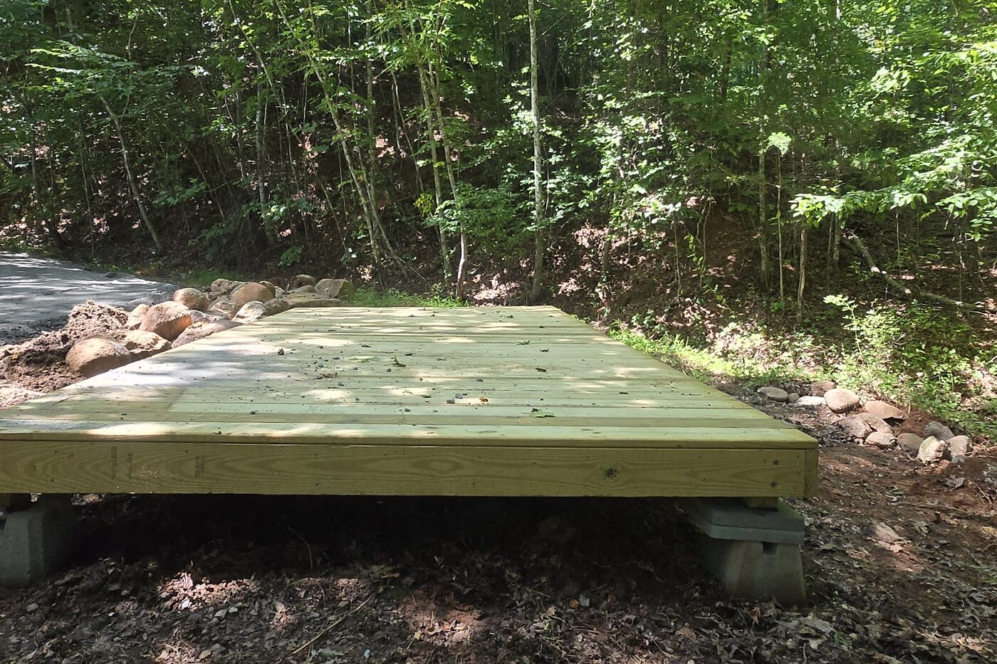 The decks at Rockies 7, Cardinal Mountain Campground, seen from the paved road at the curve