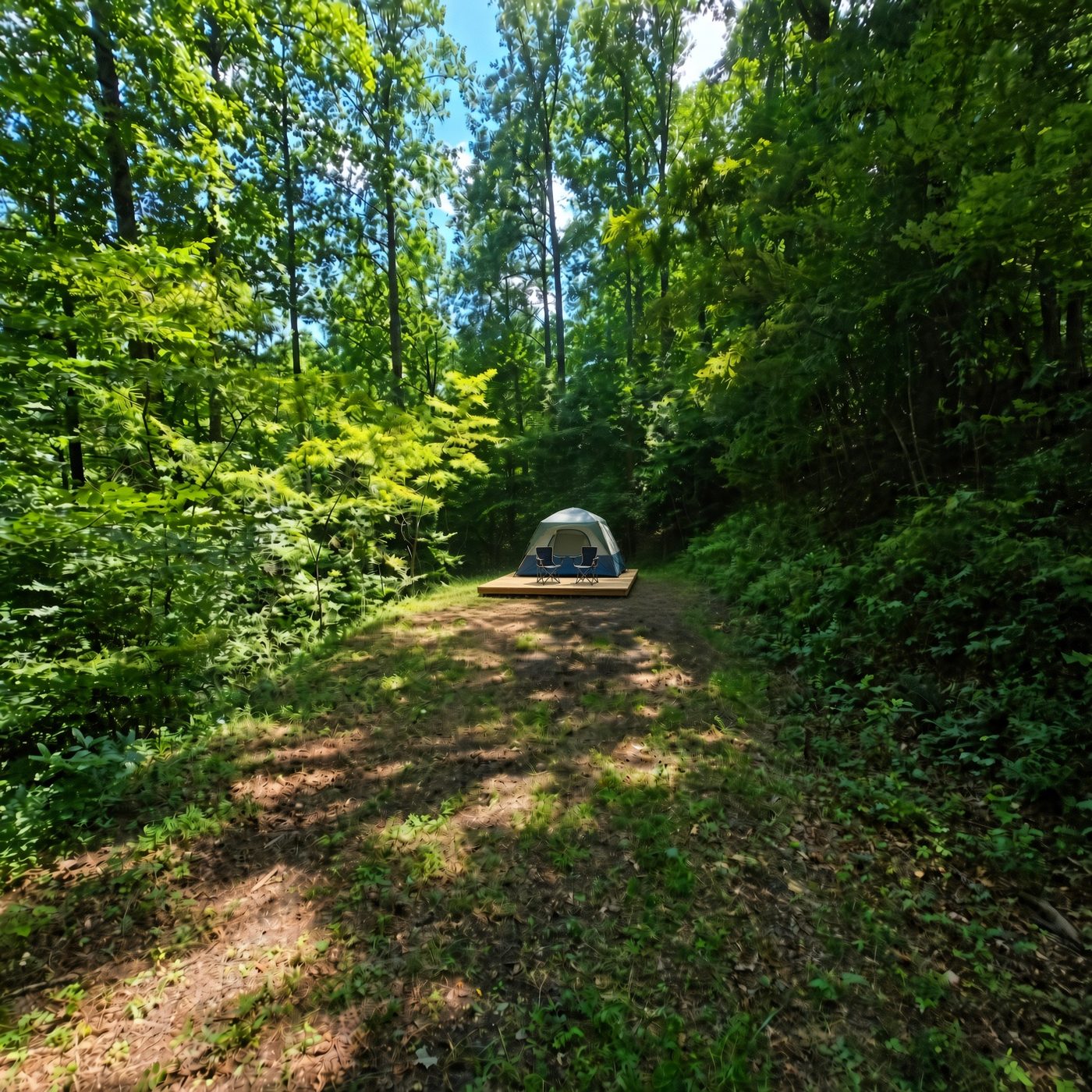 A tent pitched on the deck at Zion 8, Cardinal Mountain Campground near Franklin NC, seen from the foot of the grassy slope with woods on both sides