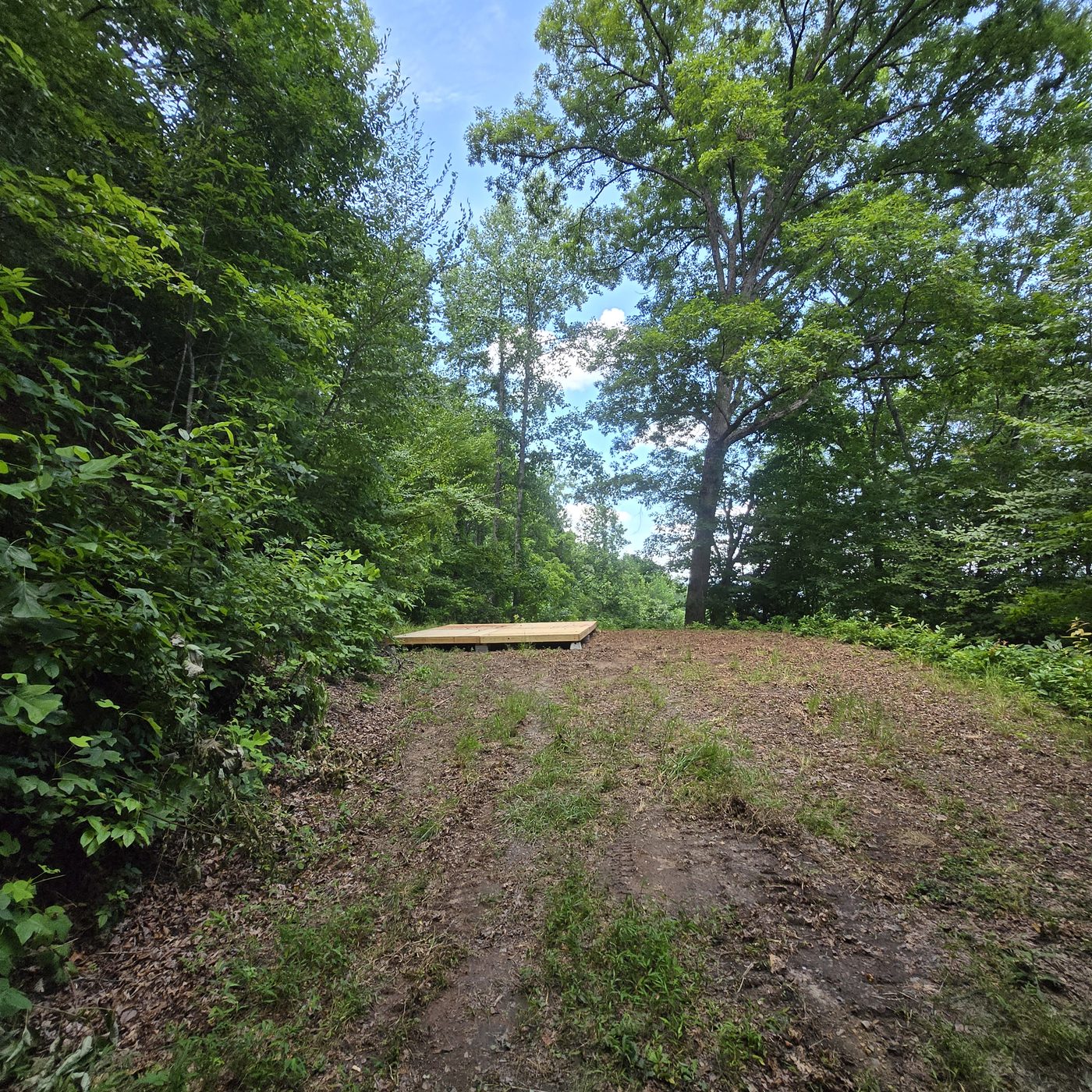 The rutted dirt track climbing to Katahdin 9 at Cardinal Mountain Campground, with the tent deck at the top