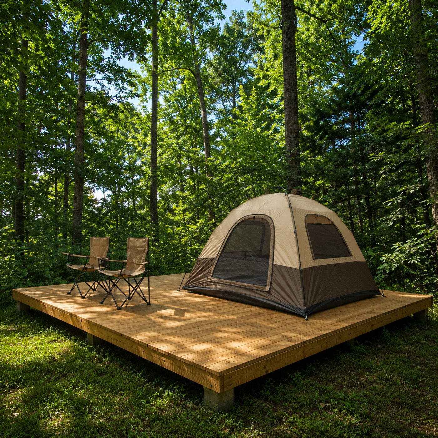 A tent and two camp chairs on the wooden deck at Nantahala 10, Cardinal Mountain Campground near Franklin NC, with trees standing close on every side