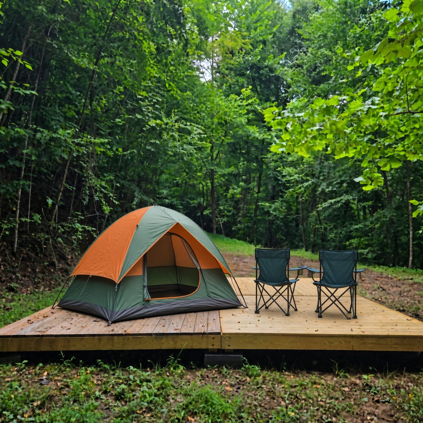 A tent and two camp chairs on the tent deck at Sequoia 11, Cardinal Mountain Campground near Franklin NC, with green woods close behind