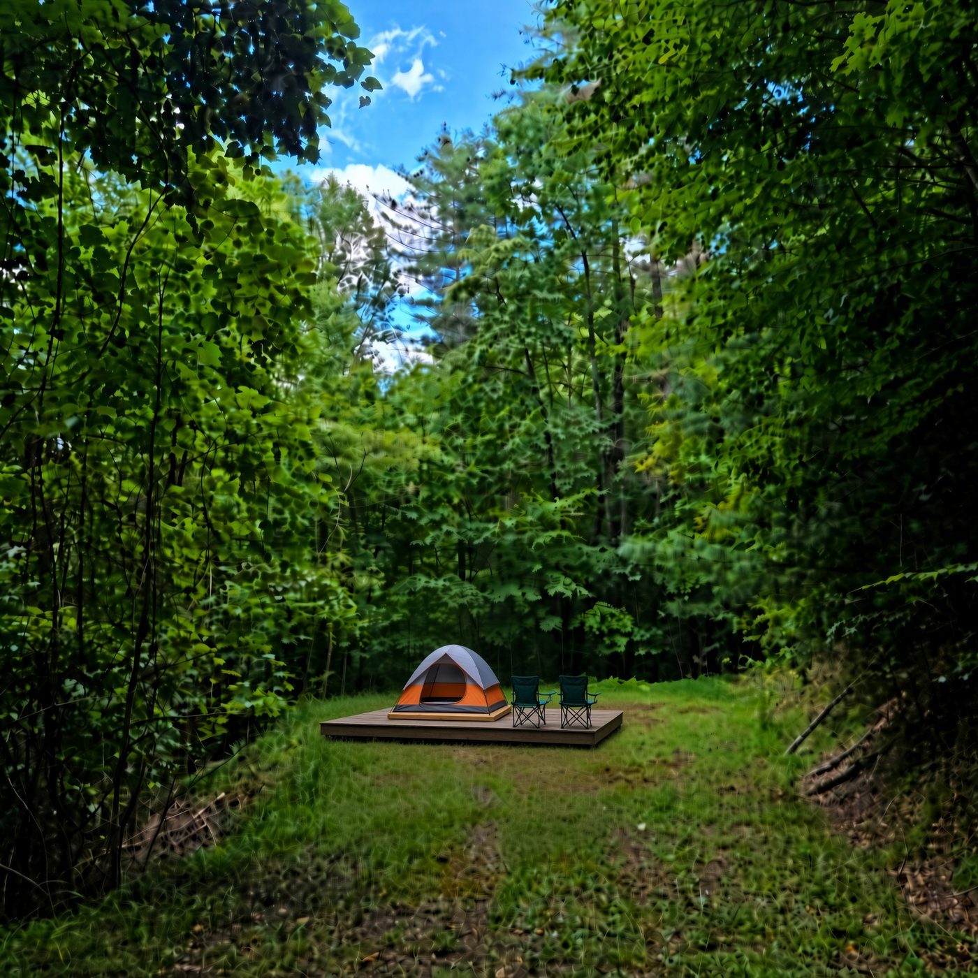 A tent pitched on the deck at Redwood 12, Cardinal Mountain Campground near Franklin NC, in a grassy clearing ringed by trees