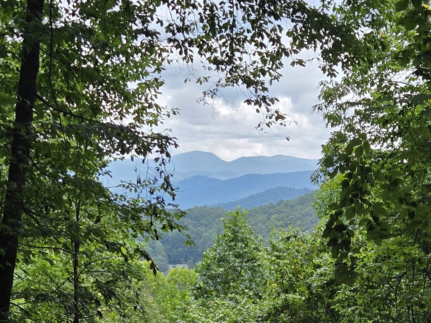 The long-range view from Redwood 12 at Cardinal Mountain Campground, over the tiered ridges of the Blue Ridge