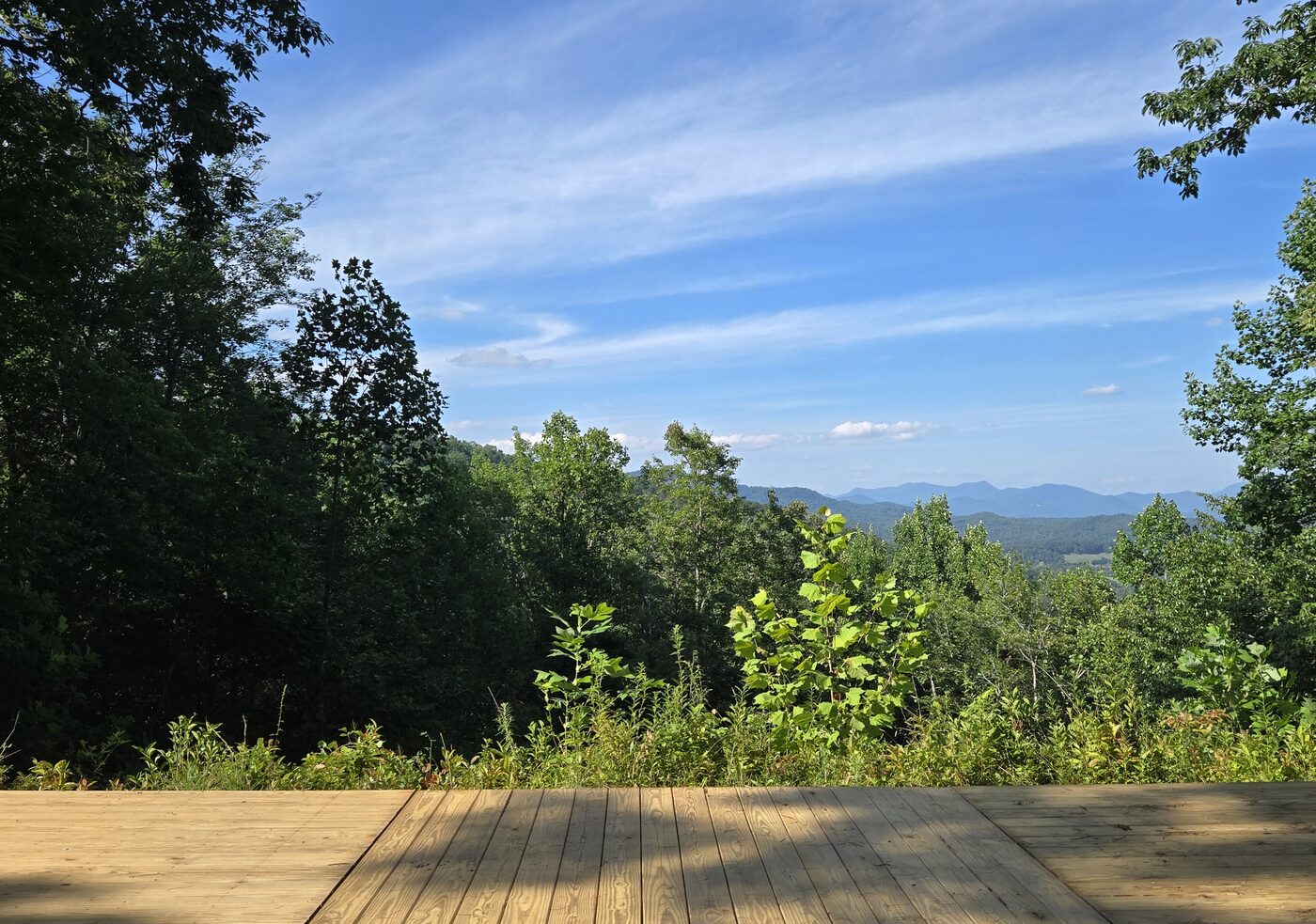 The view north from the deck at Arches 13, Cardinal Mountain Campground, over the treetops to the ridgeline