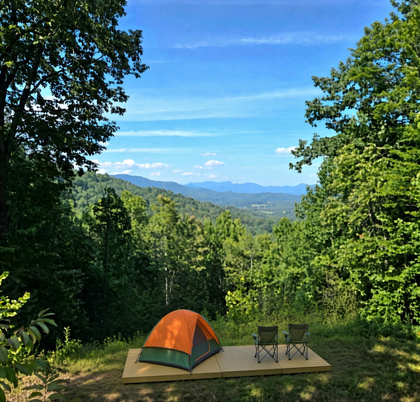 A tent and two camp chairs on the long deck at Arches 13, Cardinal Mountain Campground near Franklin NC, with tiered blue ridges running to the horizon