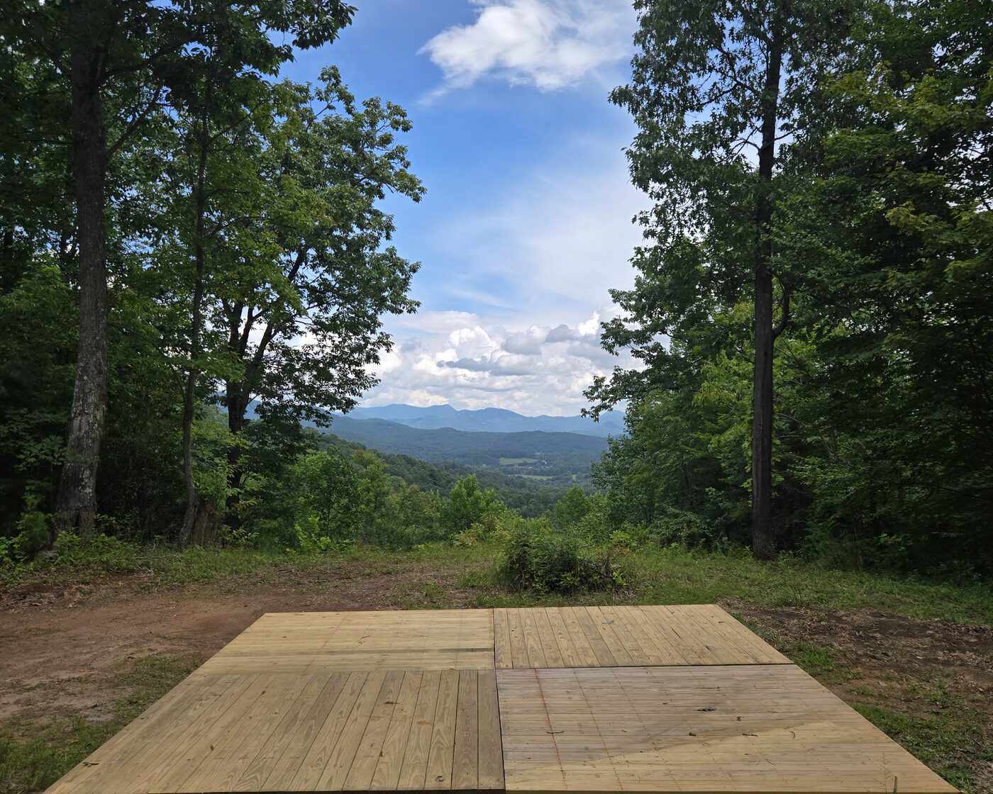 The tent deck at Big Bend 14, Cardinal Mountain Campground, looking out over the longest view on the property