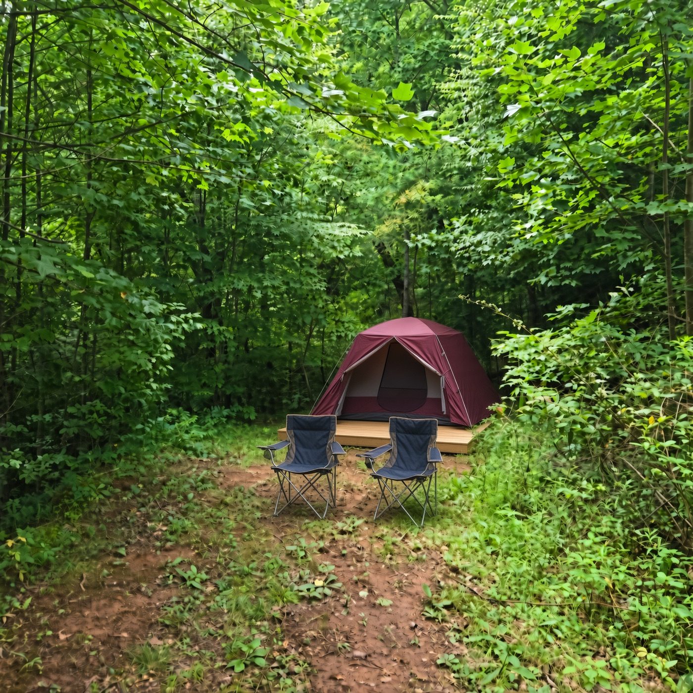 A tent and two camp chairs on the deck at Acadia 15, Cardinal Mountain Campground near Franklin NC, screened close on every side by summer woods
